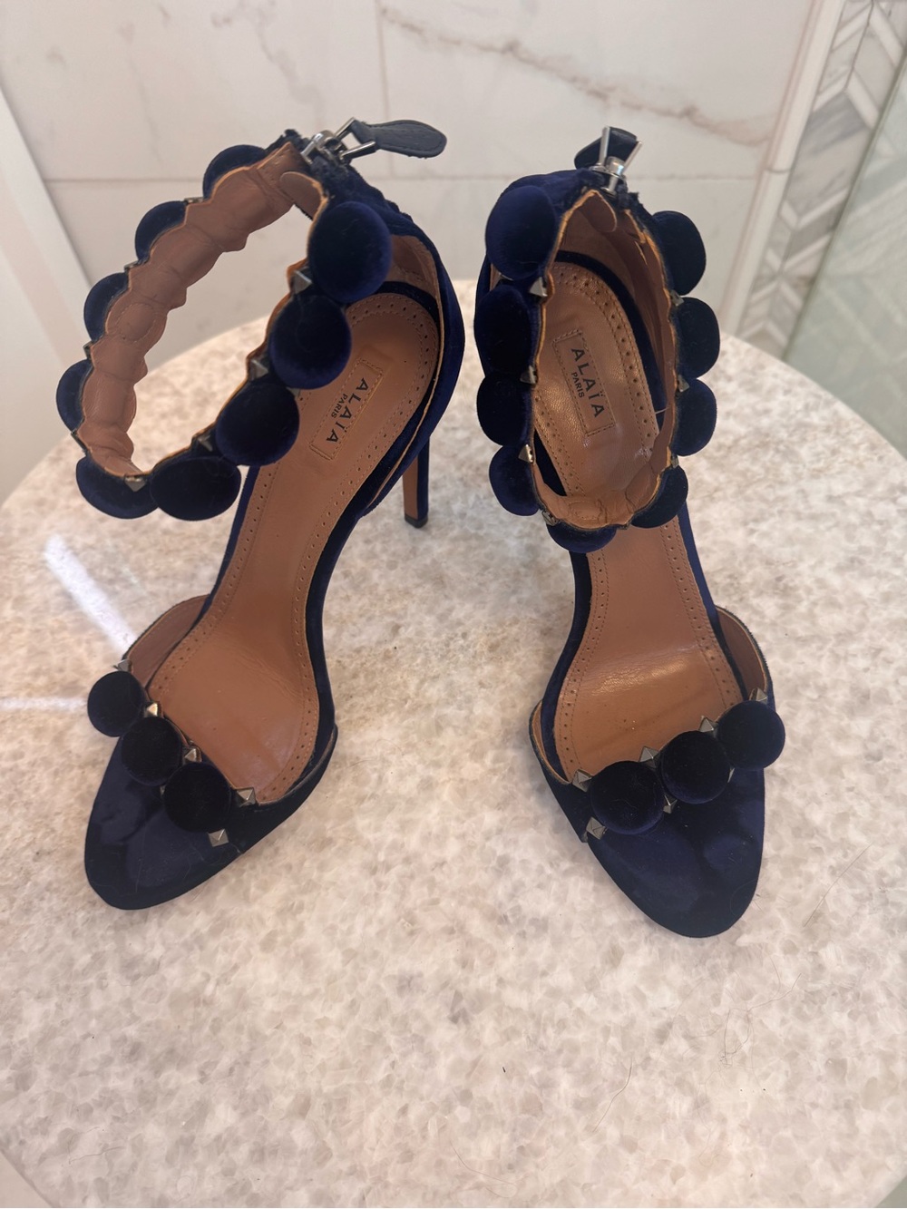 Alaia Navy Satin Pom-Pom Ankle-Strap Heels - Picture 4 of 16